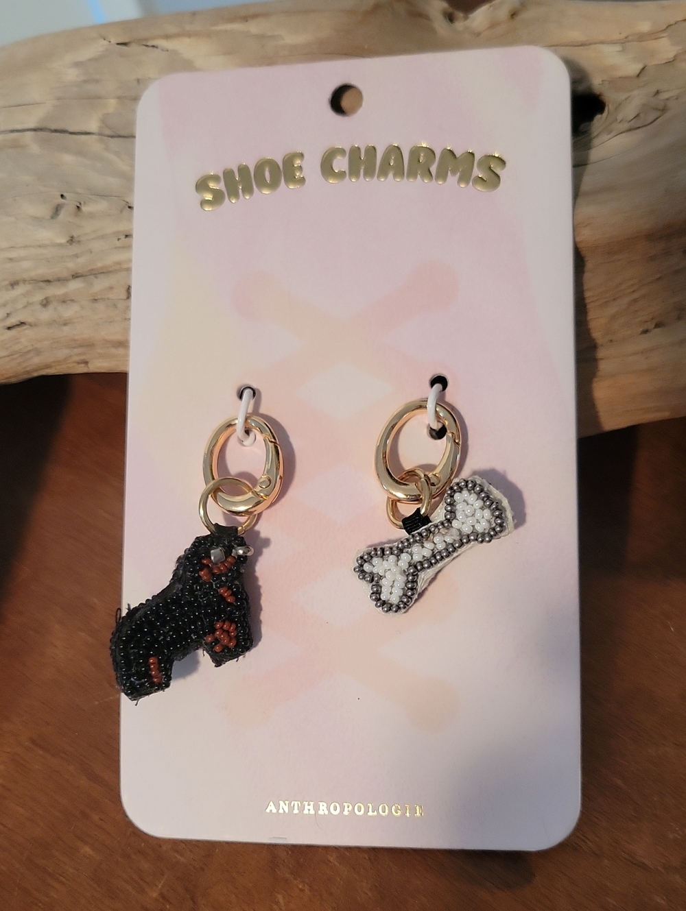 Anthropologie Black and White Beaded Dog & Bone Shoe Charms with Gold Rings